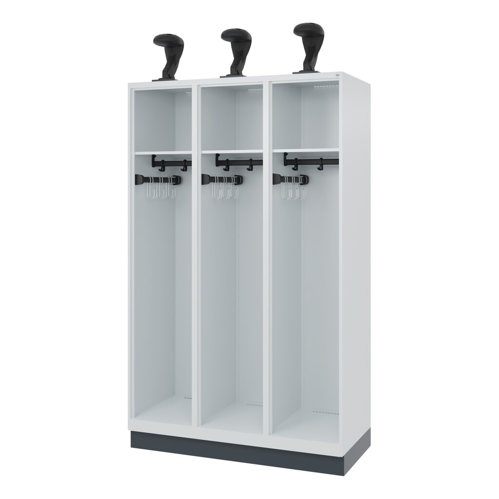 C+P Vestiaire pompier EXPERT, socle, 3 compartiments, HxlxP 1 850 x 1 200 x 500 mm, gris clair, avec support de casque Illustration du produit: C+P Vestiaire pompier EXPERT, socle, 3 compartiments, HxlxP 1 850 x 1 200 x 500 mm, gris clair, avec support de casque