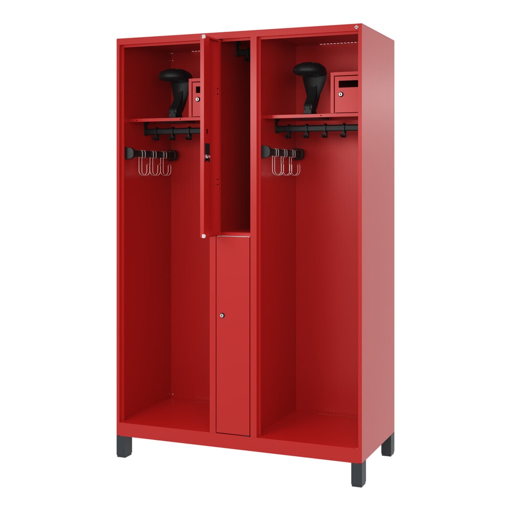 Illustration du produit: C+P Vestiaire pompier MAXI, pieds, HxlxP 1 850 x 1 200 x 500 mm, rouge feu, avec support de casque