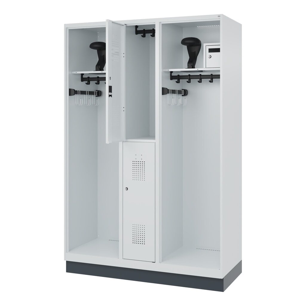 Illustration du produit: C+P Vestiaire pompier MAXI, socle, HxlxP 1 850 x 1 300 x 500 mm, gris clair, avec support de casque