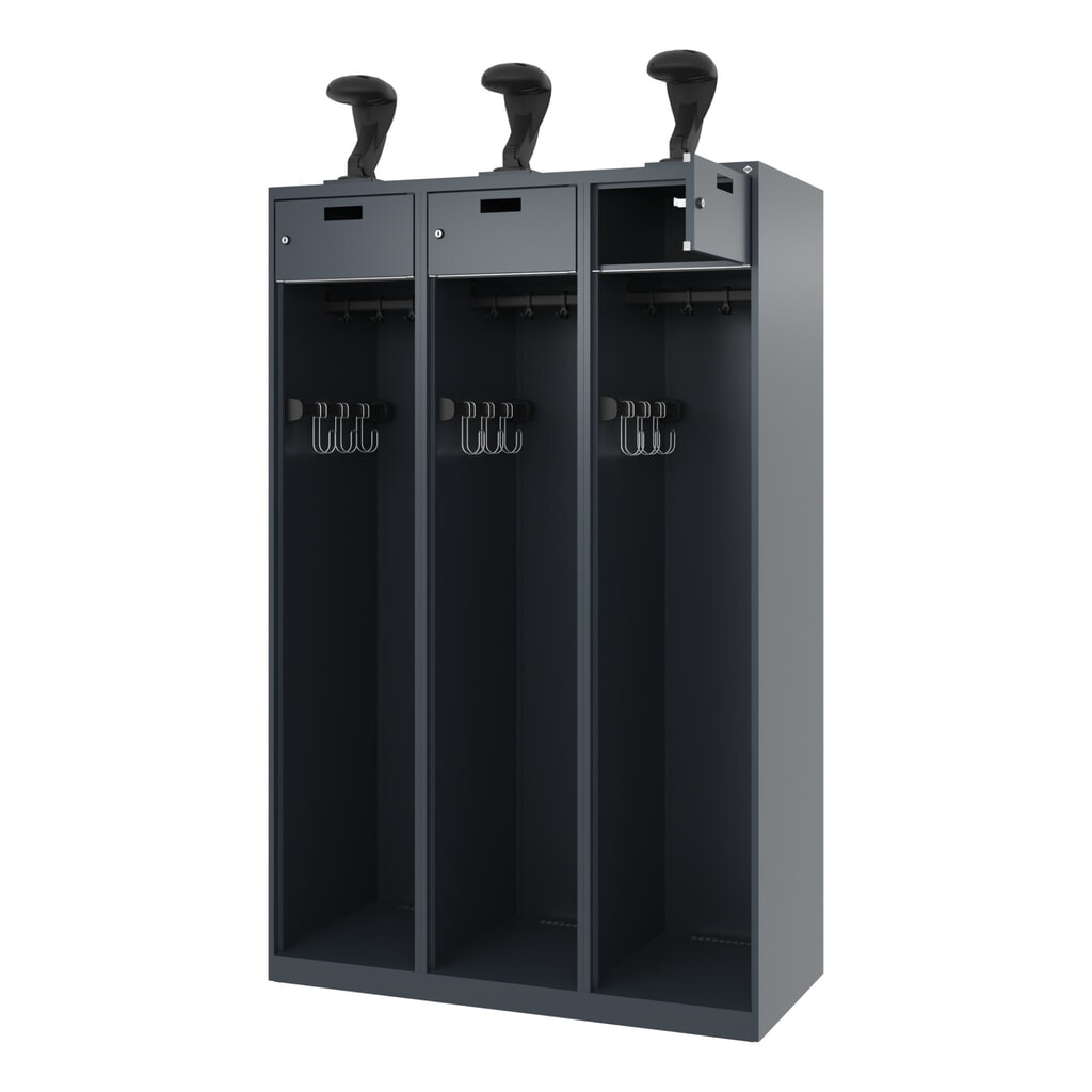 Illustration du produit: C+P Vestiaire pompier PRAKTUS, patins, 3 compartiments, HxlxP 1 850 x 1 200 x 500 mm, gris anthracite, avec support de casque