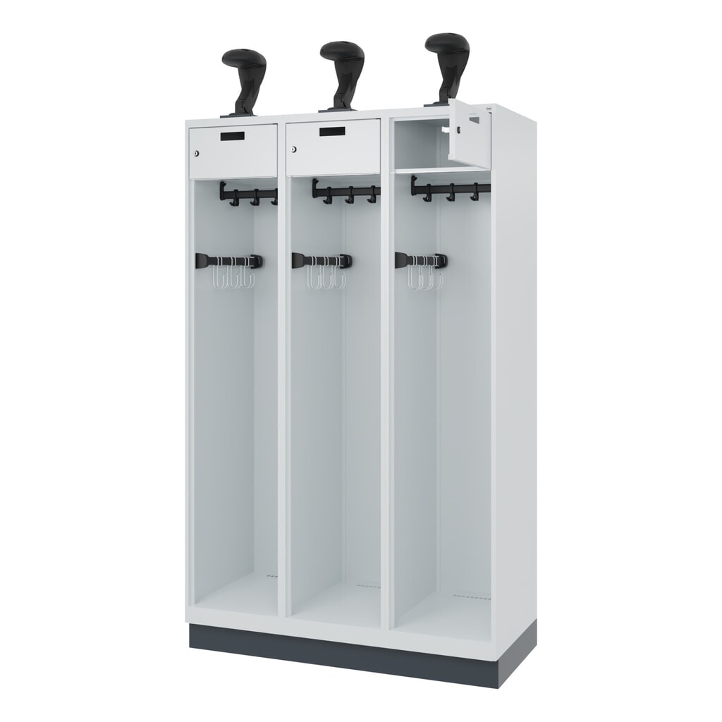 Illustration du produit: C+P Vestiaire pompier PRAKTUS, socle, 3 compartiments, HxlxP 1 850 x 1 200 x 500 mm, gris clair, avec support de casque