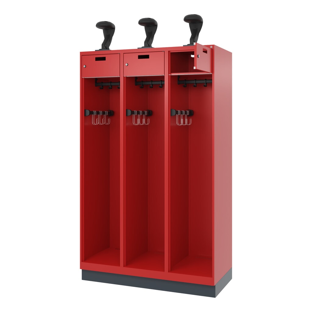 C+P Vestiaire pompier PRAKTUS, socle, 3 compartiments, HxlxP 1 850 x 1 200 x 500 mm, rouge feu, avec support de casque Illustration du produit: C+P Vestiaire pompier PRAKTUS, socle, 3 compartiments, HxlxP 1 850 x 1 200 x 500 mm, rouge feu, avec support de casque