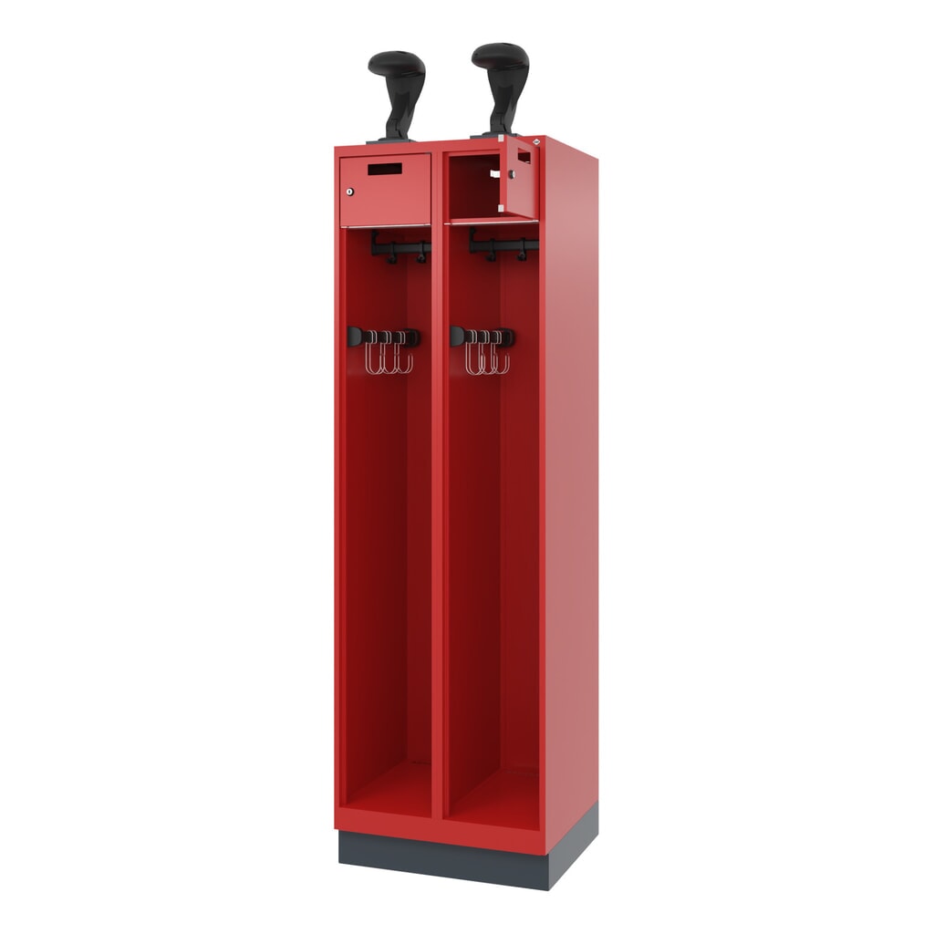 Illustration du produit: C+P Vestiaire pompier PRAKTUS, socle, 2 compartiments, HxlxP 1 850 x 600 x 500 mm, rouge feu, avec support de casque