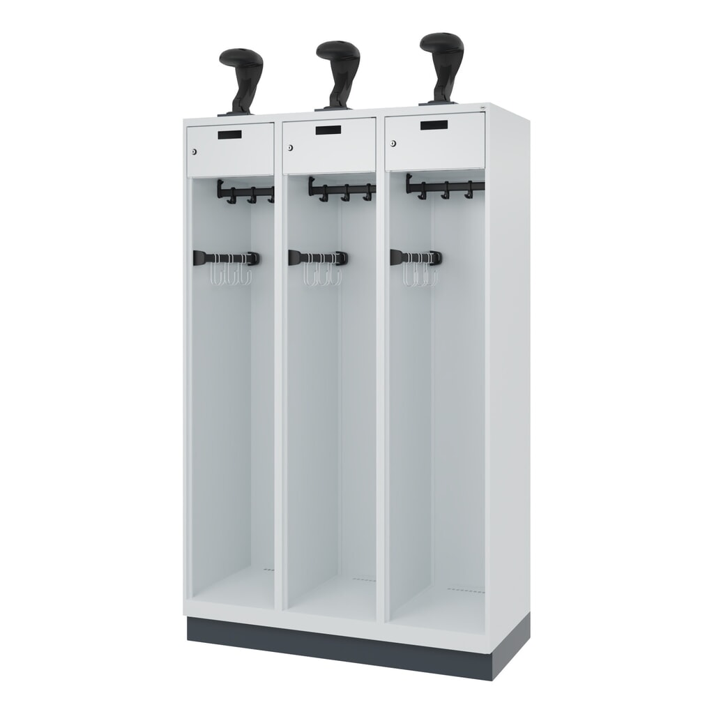 N° de l'image du produit 5 : C+P Vestiaire pompier PRAKTUS, socle, 3 compartiments, HxlxP 1 850 x 1 200 x 500 mm, gris clair, avec support de casque