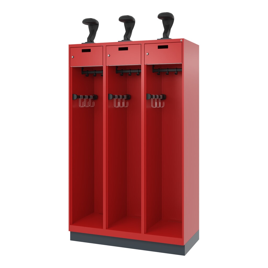 C+P Vestiaire pompier PRAKTUS, socle, 3 compartiments, HxlxP 1 850 x 1 200 x 500 mm, rouge feu, avec support de casque N° de l'image du produit 5 : C+P Vestiaire pompier PRAKTUS, socle, 3 compartiments, HxlxP 1 850 x 1 200 x 500 mm, rouge feu, avec support de casque