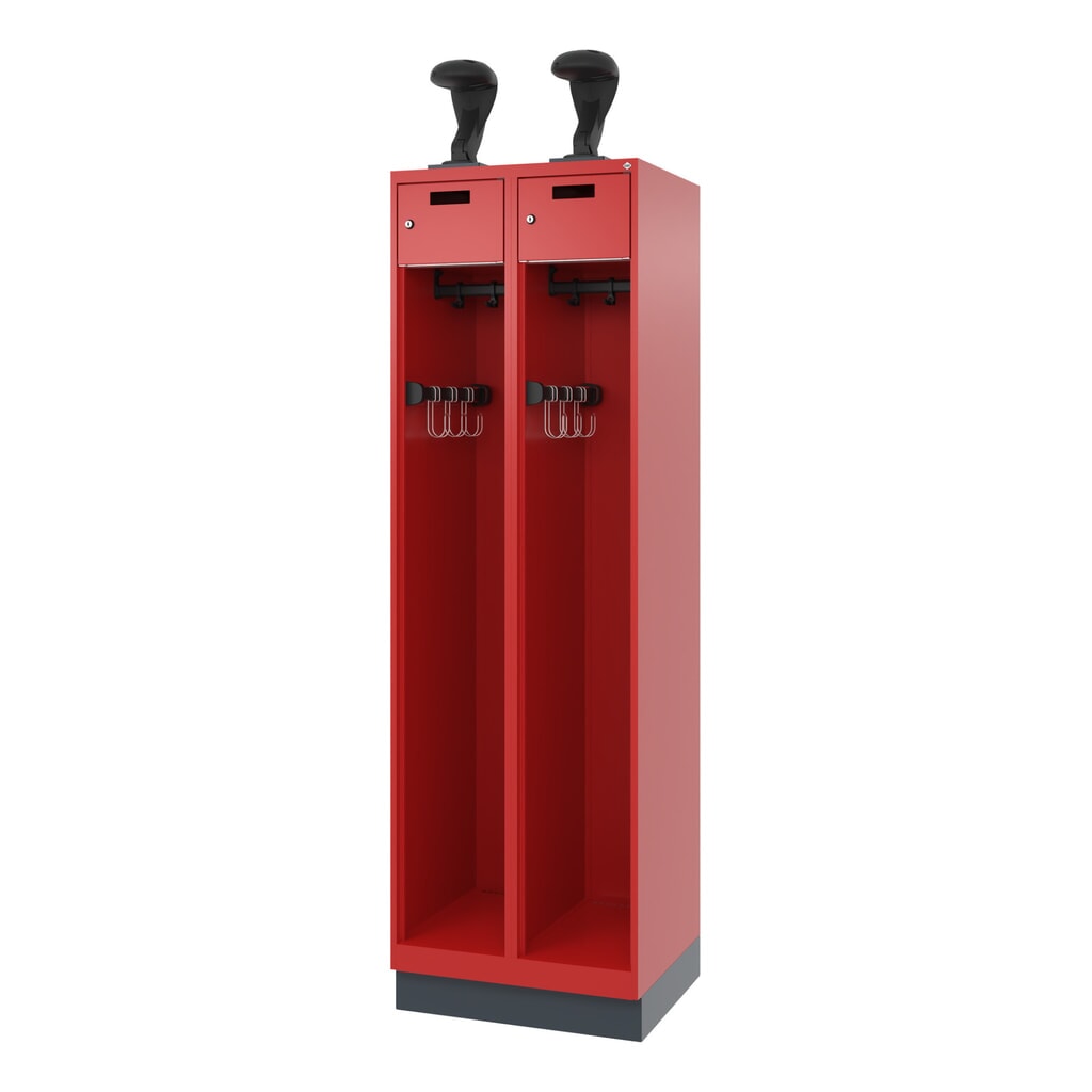C+P Vestiaire pompier PRAKTUS, socle, 2 compartiments, HxlxP 1 850 x 600 x 500 mm, rouge feu, avec support de casque N° de l'image du produit 5 : C+P Vestiaire pompier PRAKTUS, socle, 2 compartiments, HxlxP 1 850 x 600 x 500 mm, rouge feu, avec support de casque