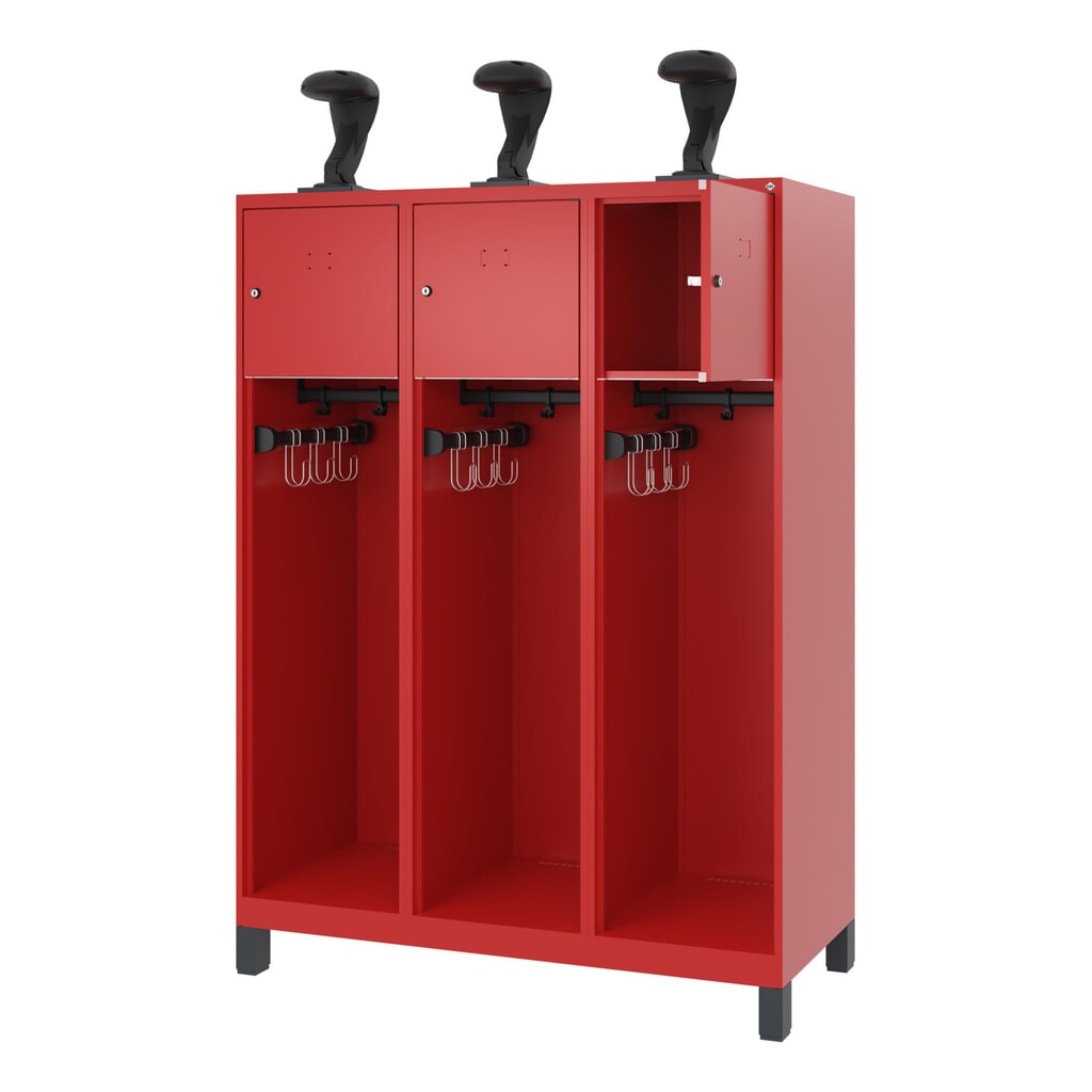 Illustration du produit: C+P Vestiaire pompier YOUNGSTER, pieds, 3 compartiments, HxlxP 1 530 x 1 200 x 500 mm, rouge feu, avec support de casque