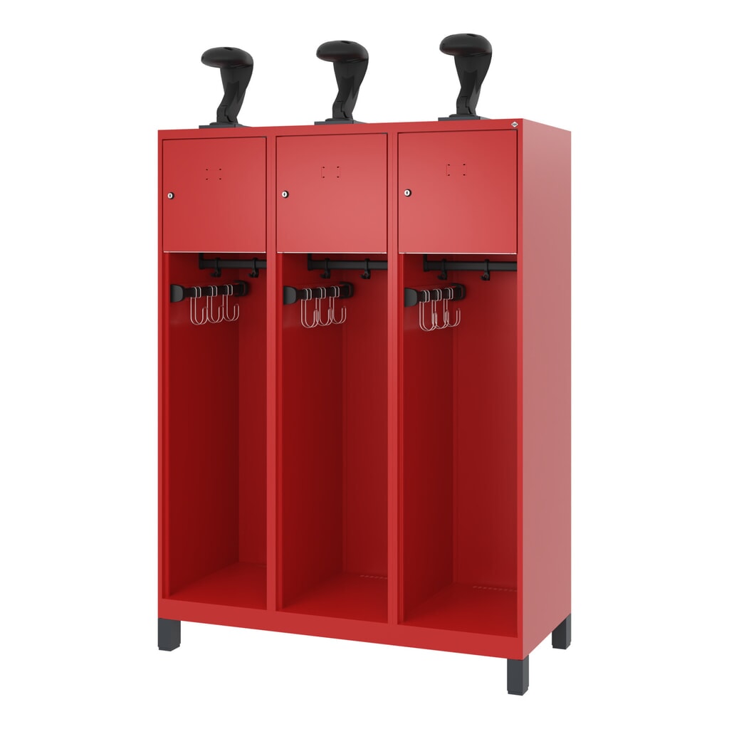 N° de l'image du produit 5 : C+P Vestiaire pompier YOUNGSTER, pieds, 3 compartiments, HxlxP 1 530 x 1 200 x 500 mm, rouge feu, avec support de casque