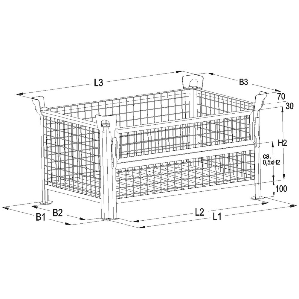 N° de l'image du produit 2 : Caisse grillagée industrielle HESON®, avec ½ rabat grillagé, peinte, haut. x larg. x prof. 600 x 800 x 600 mm, gris souris