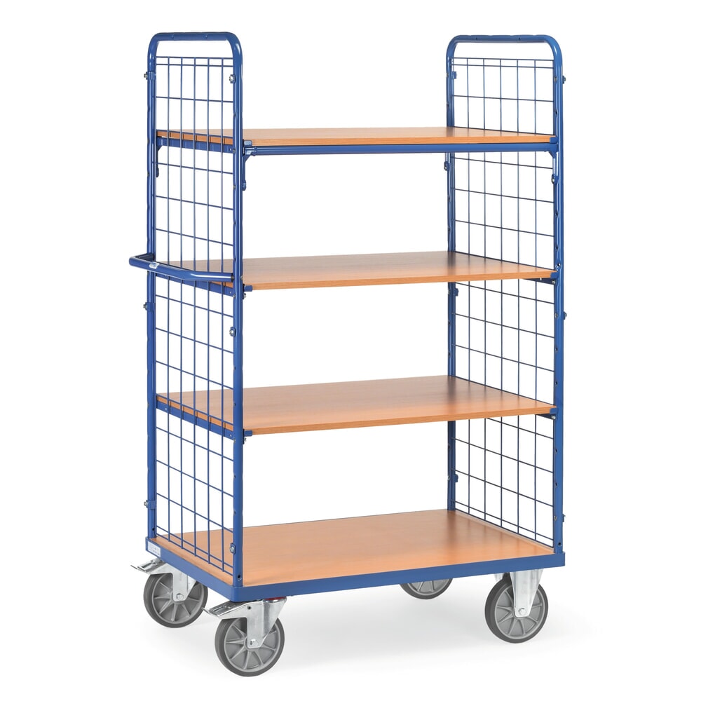 Illustration du produit: fetra® Chariot à plateaux à tablettes fixes, 2 parois grillagées, 4 plateaux de 1 000 x 700 mm