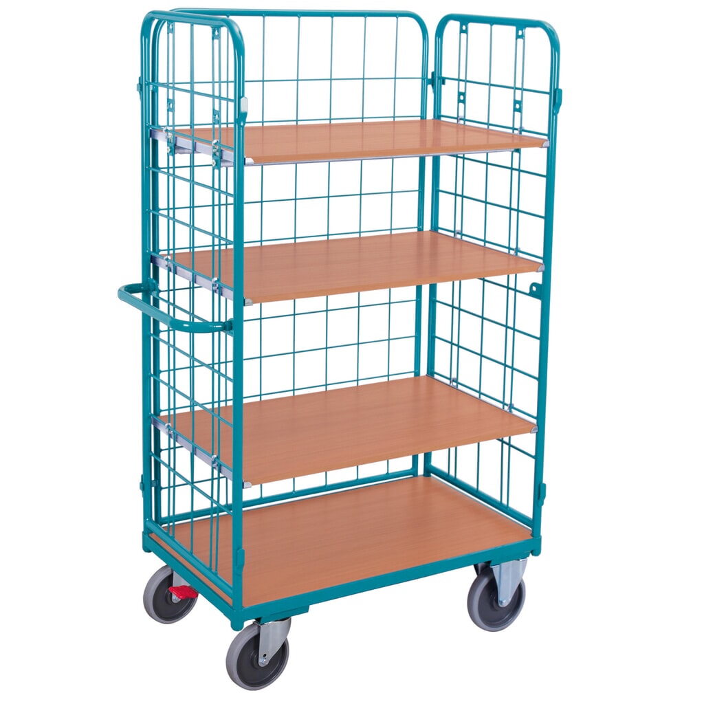 Chariot à étages Ameise® avec treillis métallique, fermé sur 3 côtés, 4 tablettes de 1 000 x 600 mm Illustration du produit: Chariot à étages Ameise® avec treillis métallique, fermé sur 3 côtés, 4 tablettes de 1 000 x 600 mm