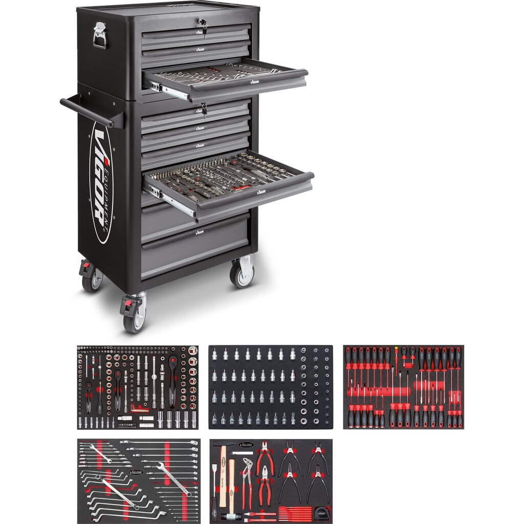 Chariot à outils VIGOR® 1000, 7 + 3 tiroirs + coffret de réhausse, assortiment d'outils avec 344 pièces inclus Illustration du produit: Chariot à outils VIGOR® 1000, 7 + 3 tiroirs + coffret de réhausse, assortiment d'outils avec 344 pièces inclus