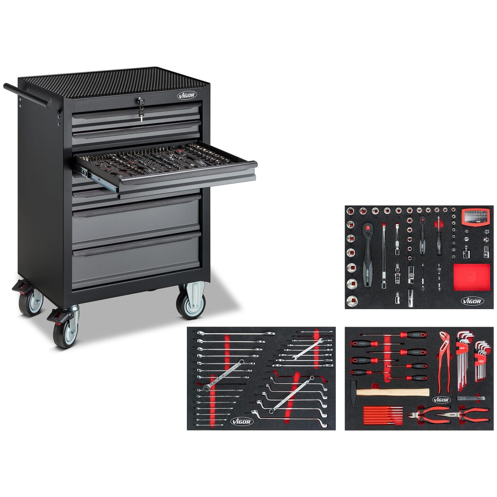 Chariot à outils VIGOR® 500N, 7 tiroirs, assortiment d'outils avec 163 pièces inclus Illustration du produit: Chariot à outils VIGOR® 500N, 7 tiroirs, assortiment d'outils avec 163 pièces inclus