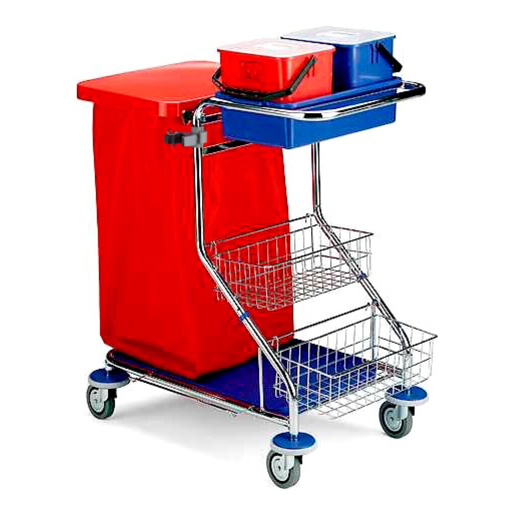 Illustration du produit: Chariot de ménage Chrome I, 2x 6 litres, 2 paniers à ustensiles, support pour manche, cadre support pour sac poubelle de 120 litres, bac de récupération