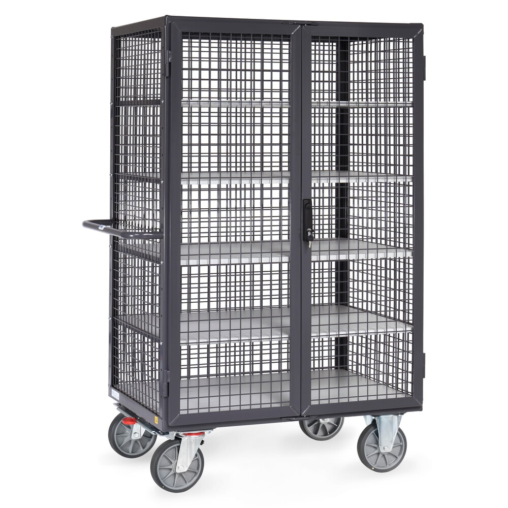 Illustration du produit: Chariot fermé tôlé ESD fetra®, capacité de charge de 750 kg, ridelles grillagées, porte à double battant, 5 étagères de 1 000 x 680 mm