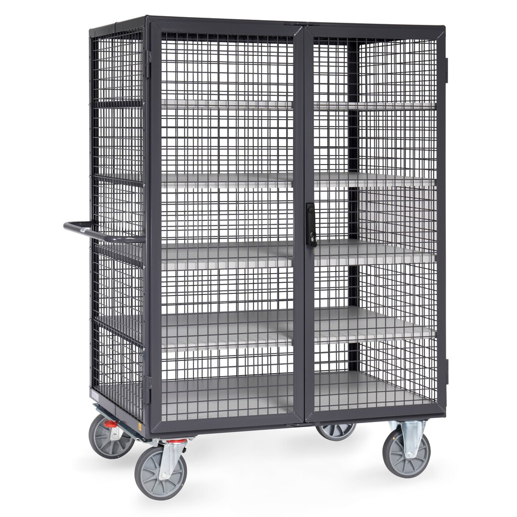Illustration du produit: Chariot fermé tôlé ESD fetra®, capacité de charge de 750 kg, ridelles grillagées, porte à double battant, 5 étagères de 1 200 x 780 mm