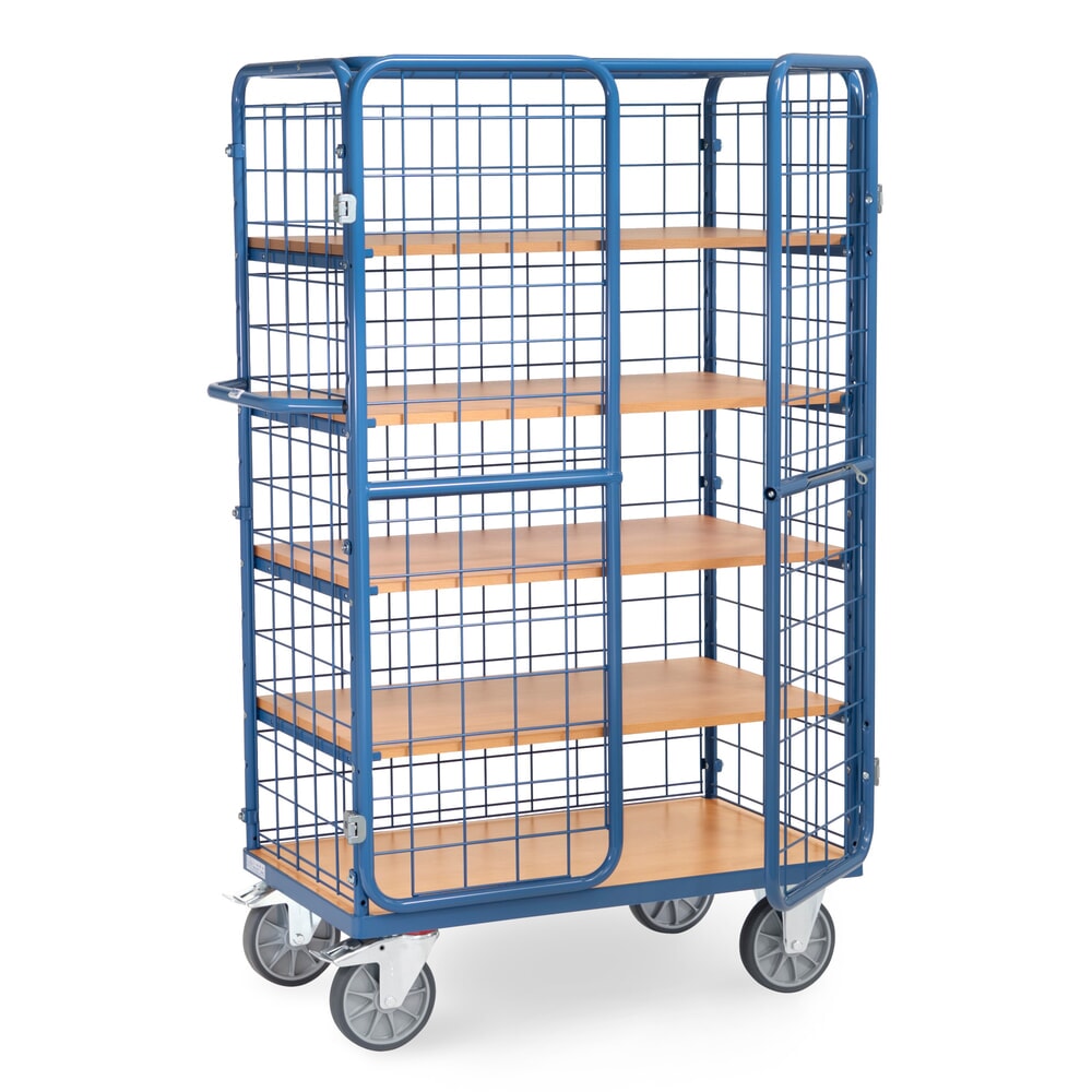 Illustration du produit: Chariot fermé tôlé fetra®, capacité de charge de 600 kg, ridelles grillagées, porte à double battant, 5 étagères de 1 000 x 600 mm