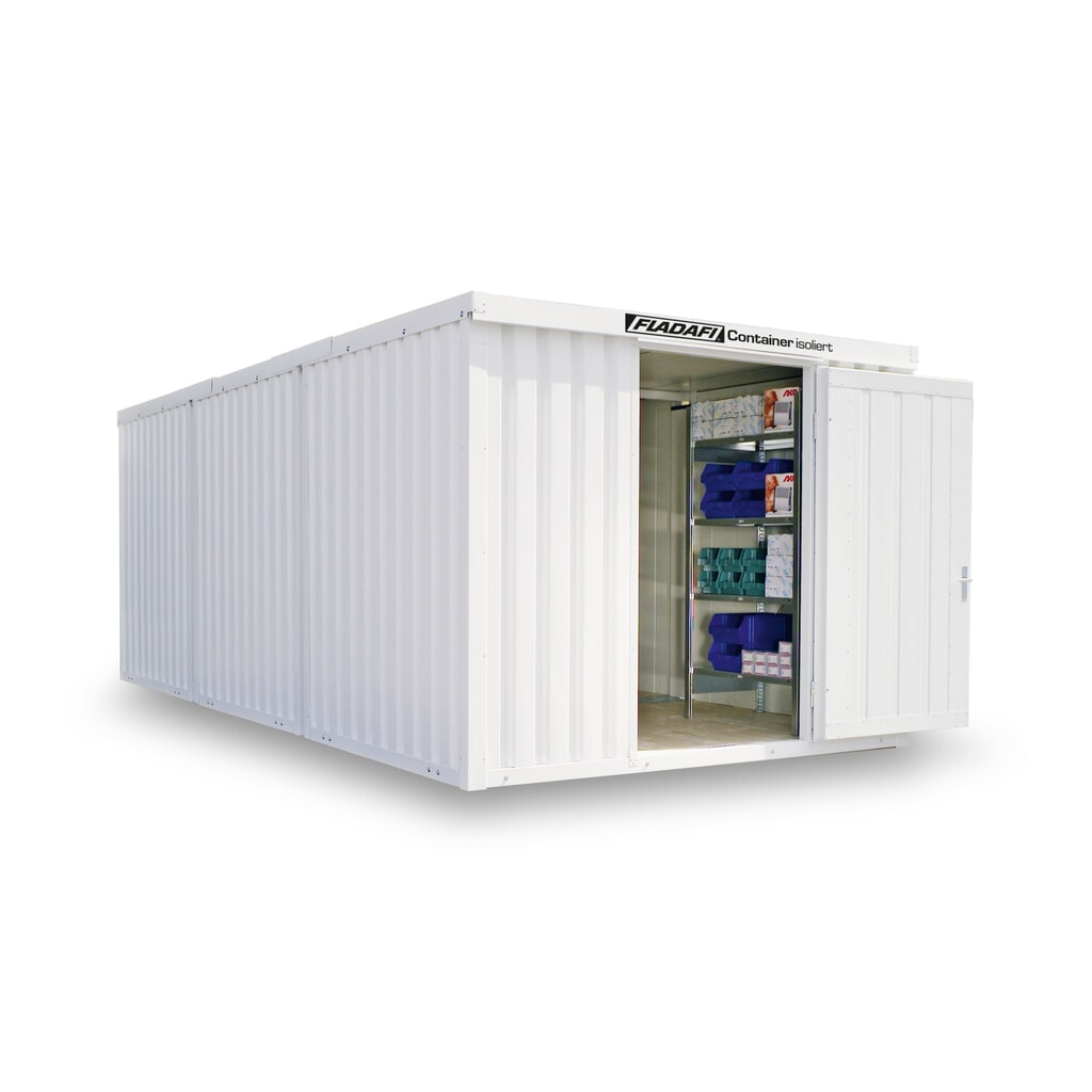 Illustration du produit: Combinaison de conteneur de matériaux FLADAFI®, isolé, 18 m², avec plancher en bois, haut. x larg. x prof. 2 405 x 3 050 x 6 520 mm, porte à un battant, centrée sur la face avant