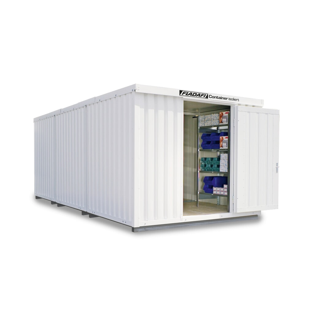 Illustration du produit: Combinaison de conteneur de matériaux FLADAFI®, isolé, 18 m², avec sol isolé, haut. x larg. x prof. 2 500 x 3 050 x 6 520 mm, porte à doubles battants (division asymétrique), au centre de la face avant