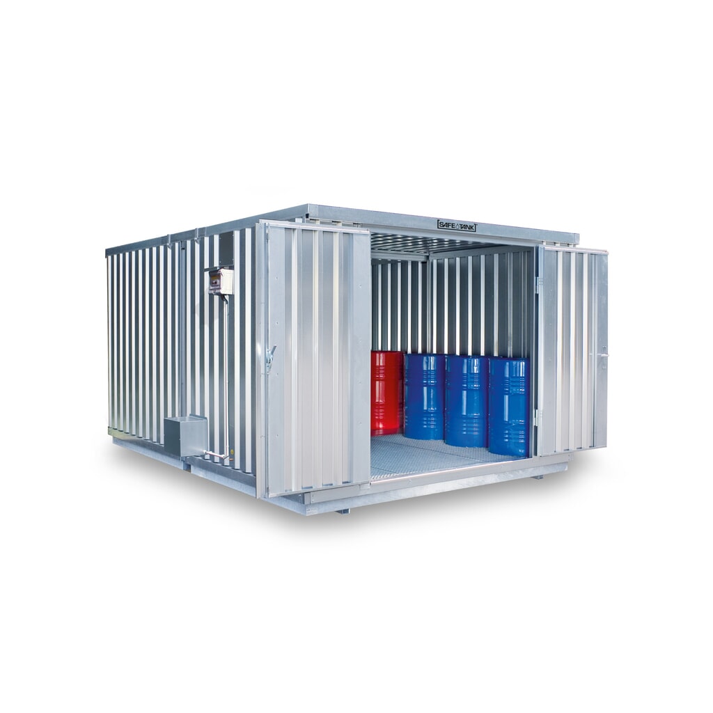 Illustration du produit: Combinaison de conteneurs pour substances dangereuses SAFE Tank 2000, ALG, galvanisés, prémontés, dimensions extérieures 3 350x4 340x2 300 mm, porte à doubles battants (division asymétrique), au centre du module, surface de stockage 12 m²
