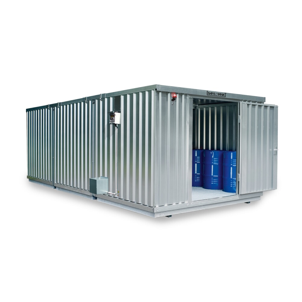 Illustration du produit: Combinaison de conteneurs pour substances dangereuses SAFE Tank 2000, ALG, galvanisés, prémontés, dimensions extérieures 3 350x4 340x2 310 mm, porte à un battant, au centre du module, surface de stockage 12 m²