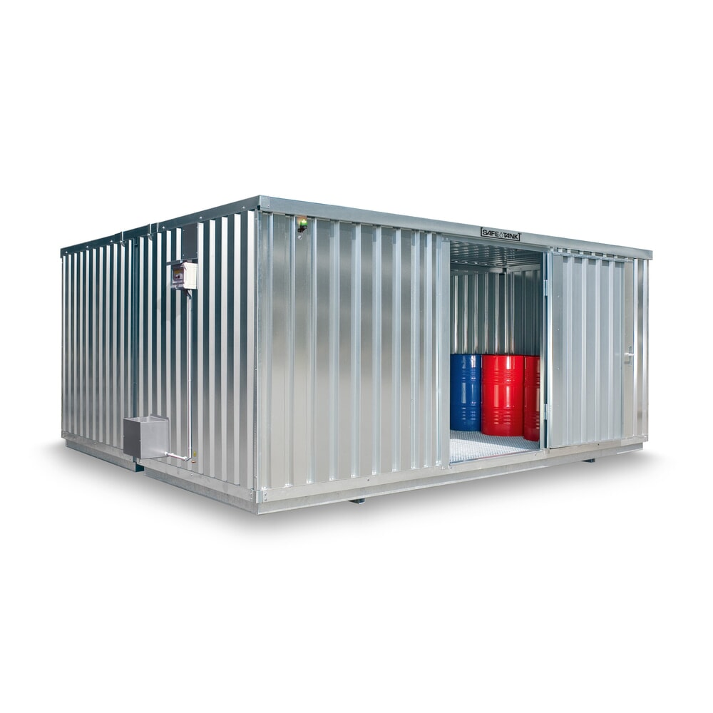 Illustration du produit: Combinaison de conteneurs pour substances dangereuses SAFE Tank 2000 ECO, à haut rendement énergétique grâce à la commande du ventilateur en fonction des besoins, dimensions extérieures 3 350x4 340x2 310 mm, porte à un battant, au centre du