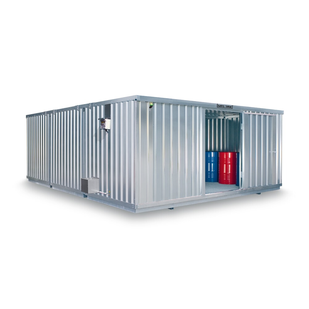 Illustration du produit: Combinaison de conteneurs pour substances dangereuses SAFE Tank 5000 ECO, à haut rendement énergétique grâce à la commande du ventilateur en fonction des besoins, dimensions extérieures 5 380x6 520x2 300 mm, porte à un battant, au centre du