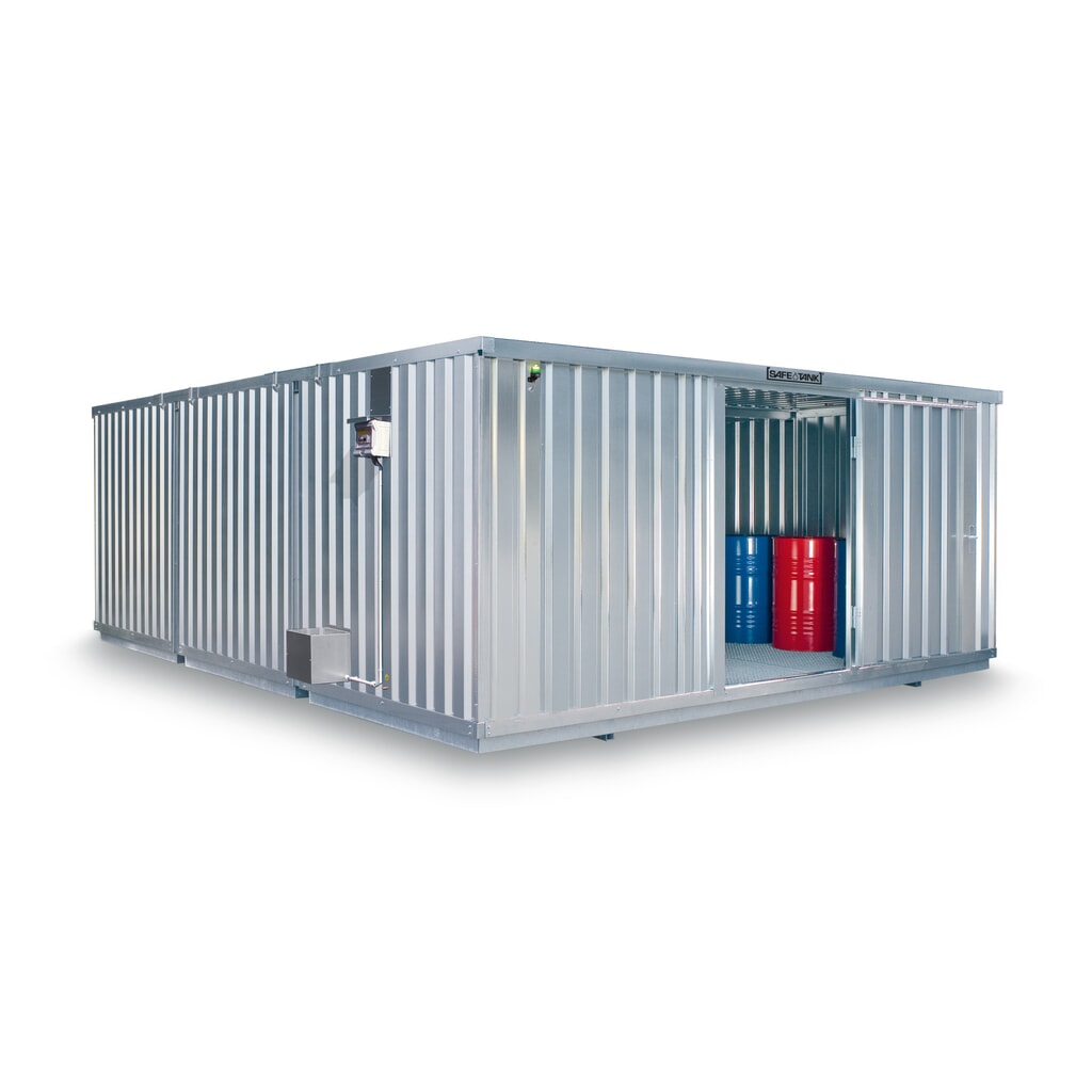 Illustration du produit: Combinaison de conteneurs pour substances dangereuses SAFE Tank 5000 ECO, à haut rendement énergétique grâce à la commande du ventilateur en fonction des besoins, dimensions extérieures 5 380x6 520x2 300 mm, porte à un battant, au centre du