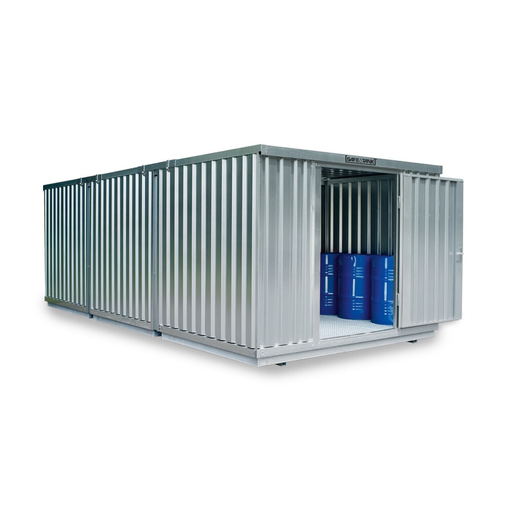 Illustration du produit: Combinaison de conteneurs pour substances dangereuses SAFE Tank 5000, pour WGK 1-3, galvanisés, prémontés, dimensions extérieures 5 080x6 520x2 300 mm, porte à un battant, au centre du module, surface de stockage 32 m²