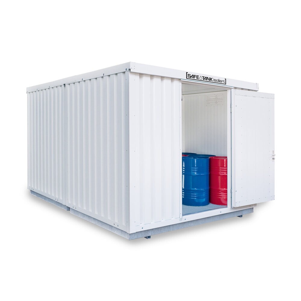 Illustration du produit: Combinaison de conteneurs pour substances dangereuses SAFE Tank 2000 WGK, isolés, prémontés, revêtement plastique RAL 9002, dimensions extérieures 3 050x4 340x2 560 mm, porte à un battant, au centre du côté avant, surface de stockage 12 m²