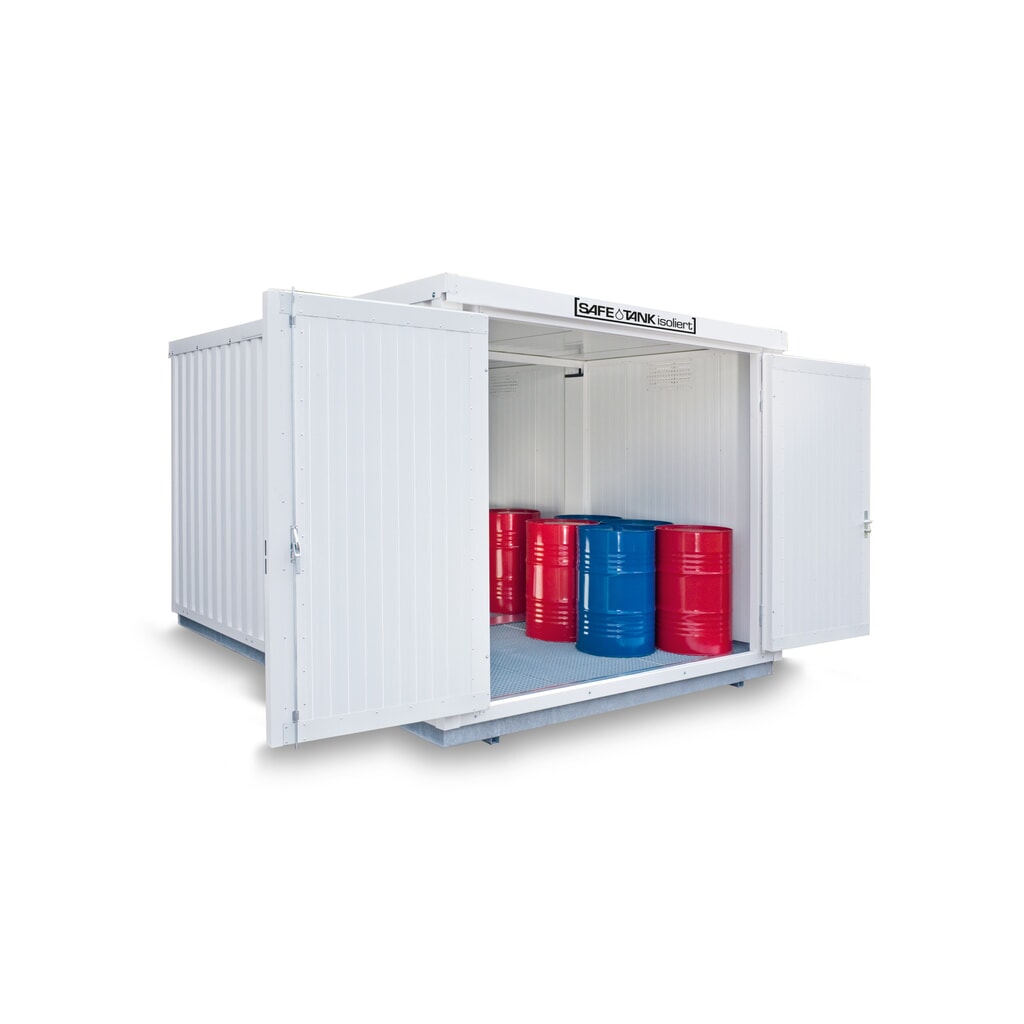 Illustration du produit: Combinaison de conteneurs pour substances dangereuses SAFE Tank 2000 WGK, isolés, prémontés, revêtement plastique RAL 9002, dimensions extérieures 3 050x4 340x2 560 mm, porte à doubles battants (division asymétrique), au centre du côté avant,