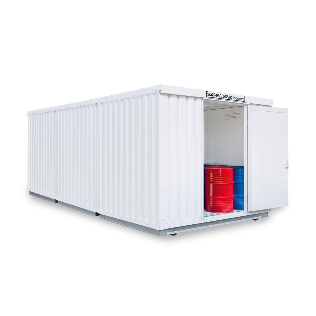 Illustration du produit: Combinaison de conteneurs pour substances dangereuses SAFE Tank 2500 WGK 1-3, isolés, prémontés, revêtement plastique RAL 9002, dimensions extérieures 4 050x6 520x2 510 mm, porte à un battant, au centre du côté avant, surface de stockage