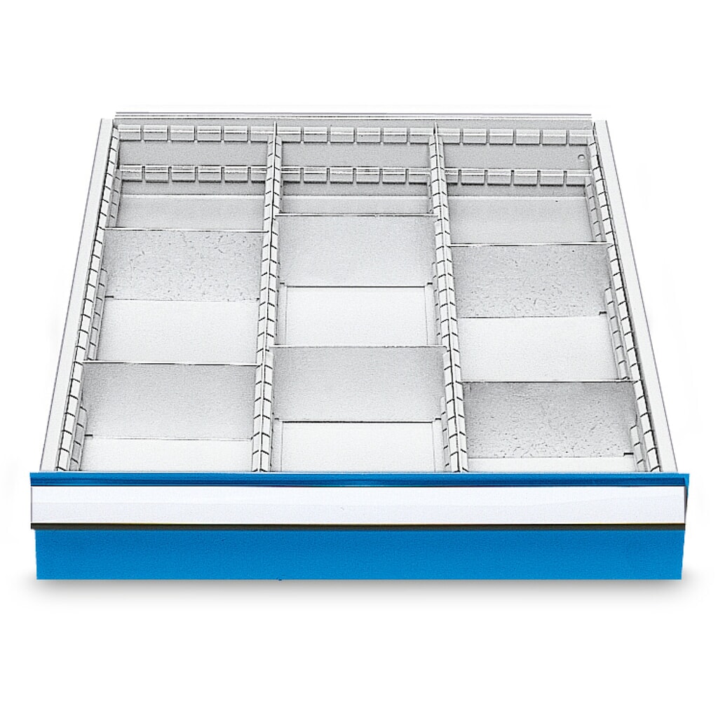 Illustration du produit: Compartimentage de tiroir métallique pour établis en ligne Bedrunka+Hirth, pour une hauteur de façade de 150 mm, 9 compartiments