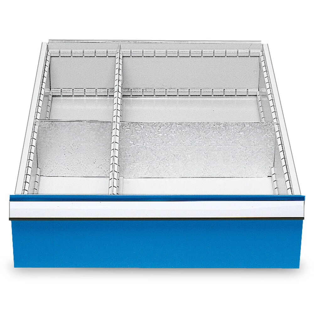 Illustration du produit: Compartimentage de tiroir métallique pour établis en ligne Bedrunka+Hirth, pour une hauteur de façade de 150 mm, 4 compartiments