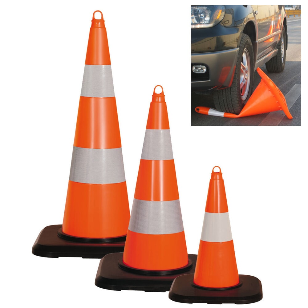 Illustration du produit: Cône de signalisation en PVC, pratiquable, rétroréfléchissant, hauteur de 750 mm, support sur pied noir