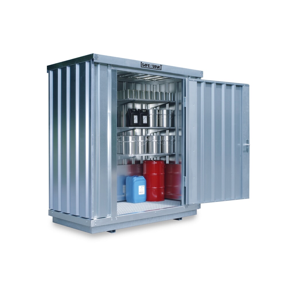 Illustration du produit: Combinaison de conteneurs pour substances dangereuses SAFE Tank 3500 WGK 1-3, isolés, prémontés, revêtement plastique RAL 9002, dimensions extérieures 2 100x1 440x2 300 mm, porte à un battant, au centre dans le côté de 2 m, surface de stockage