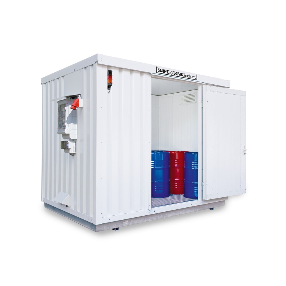 Illustration du produit: Conteneur pour substances dangereuses SAFE Tank 1000 isolé CONTROL, dispositif antidéflagrant automatisé pour une efficacité énergétique et une sécurité maximales, dimensions extérieures 3 350x2 170x2 560 mm, porte à un battant, au centre du