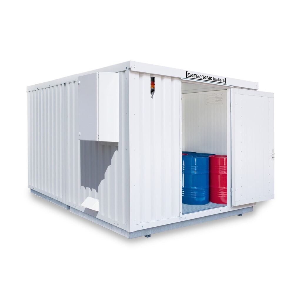 Illustration du produit: Conteneur pour substances dangereuses SAFE Tank 1900 isolé CONTROL, dispositif antidéflagrant automatisé pour une efficacité énergétique et une sécurité maximales, dimensions extérieures 3 350x4 340x2 560 mm, porte à un battant, au centre du