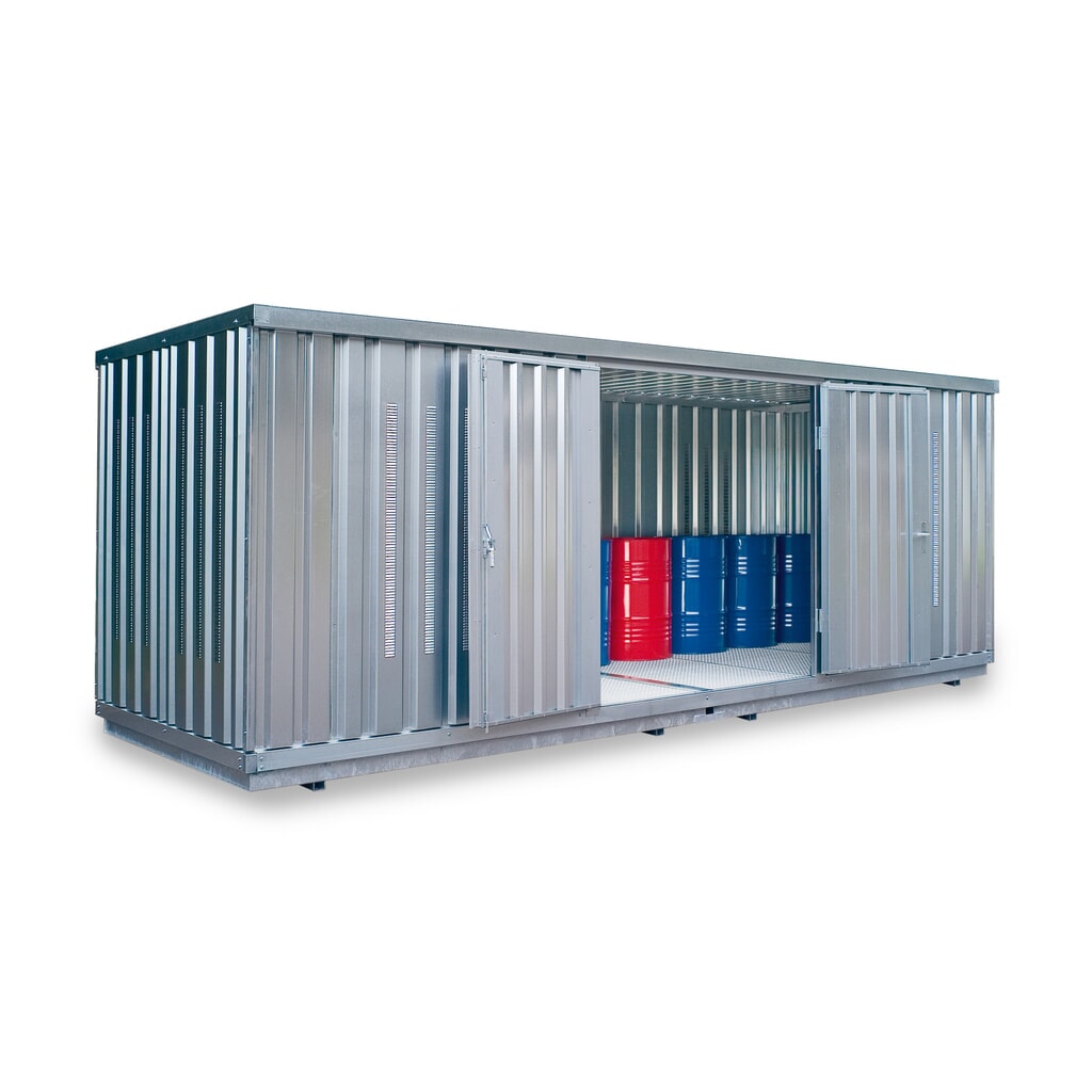 Illustration du produit: Conteneur pour substances dangereuses SAFE Tank 1900, installation à l'extérieur, galvanisé, monté, PLG, dimensions extérieures 6 080x2 170x2 310 mm, porte à doubles battants (division asymétrique), au centre du côté de 6 m, surface de