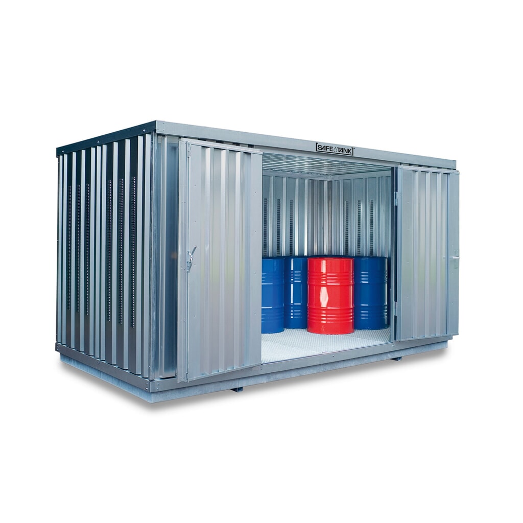 Conteneur pour substances dangereuses SAFE Tank 1350, installation à l'extérieur, galvanisé, monté, PLG, dimensions extérieures 4 050x2 170x2 300 mm, porte à doubles battants, au centre du côté de 4 m, surface de stockage 8 m² Illustration du produit: Conteneur pour substances dangereuses SAFE Tank 1350, installation à l'extérieur, galvanisé, monté, PLG, dimensions extérieures 4 050x2 170x2 300 mm, porte à doubles battants, au centre du côté de 4 m, surface de stockage 8 m²