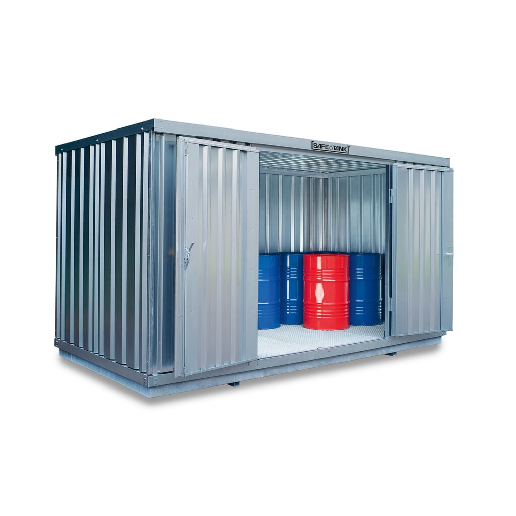 Illustration du produit: Conteneur pour substances dangereuses SAFE Tank 1000, galvanisé, monté, WGK, installation à l'intérieur et à l'extérieur, dimensions extérieures 3 050x2 170x2 350 mm, porte à un battant, au centre dans le côté de 2 m, surface de stockage
