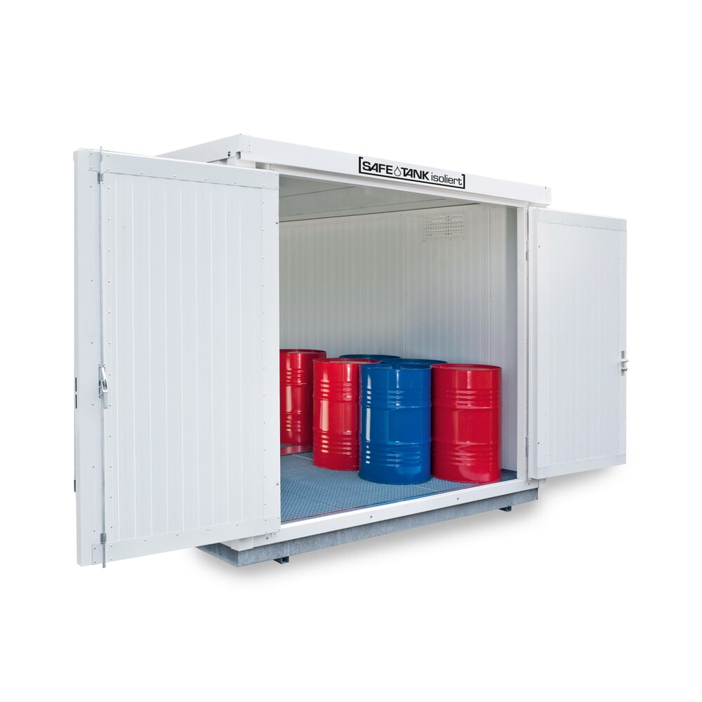 Illustration du produit: Conteneur pour substances dangereuses SAFE Tank 1000 WGK, isolé, monté, revêtement plastique RAL9002, dimensions extérieures 3 050x2 170x2 560 mm, porte à doubles battants, au centre du côté large, surface de stockage 5 m²