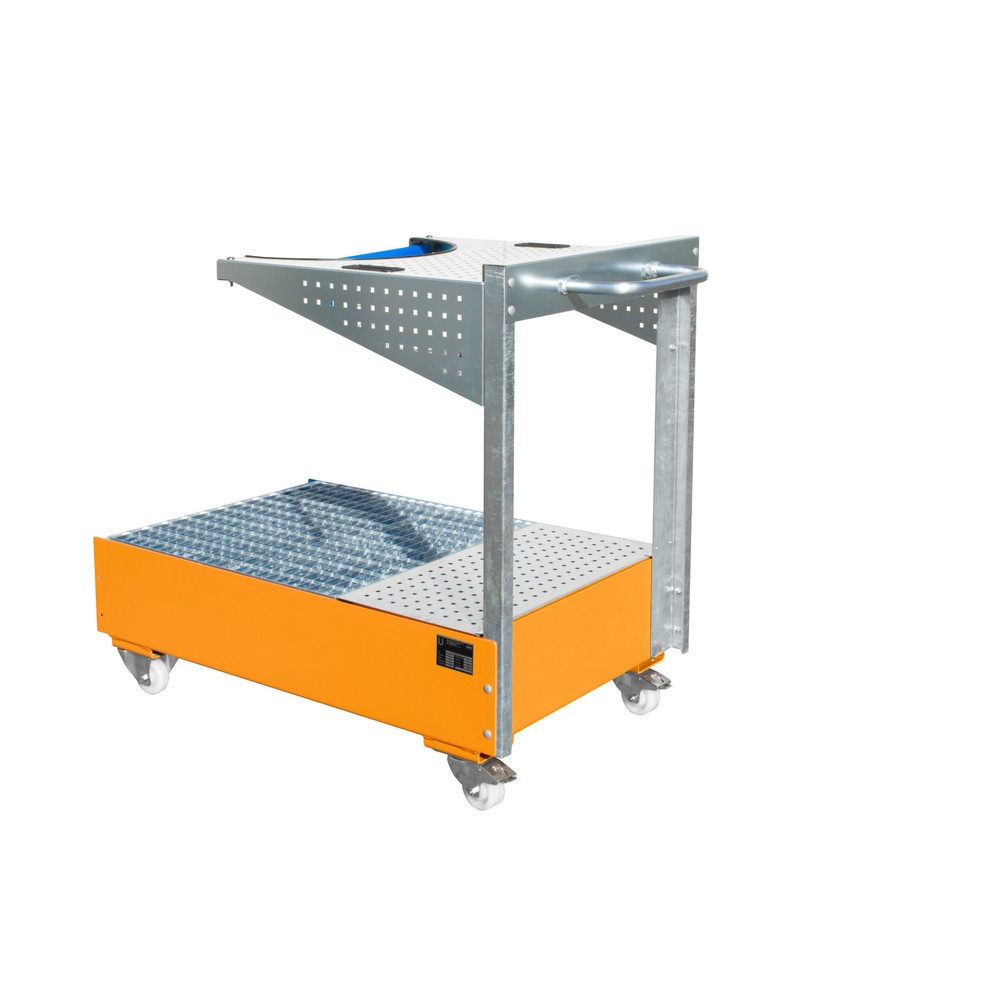 Illustration du produit: Bac de rétention mobile Bauer® en acier LPW, avec console pour panneau perforé et sangle de fixation, jaune-orange