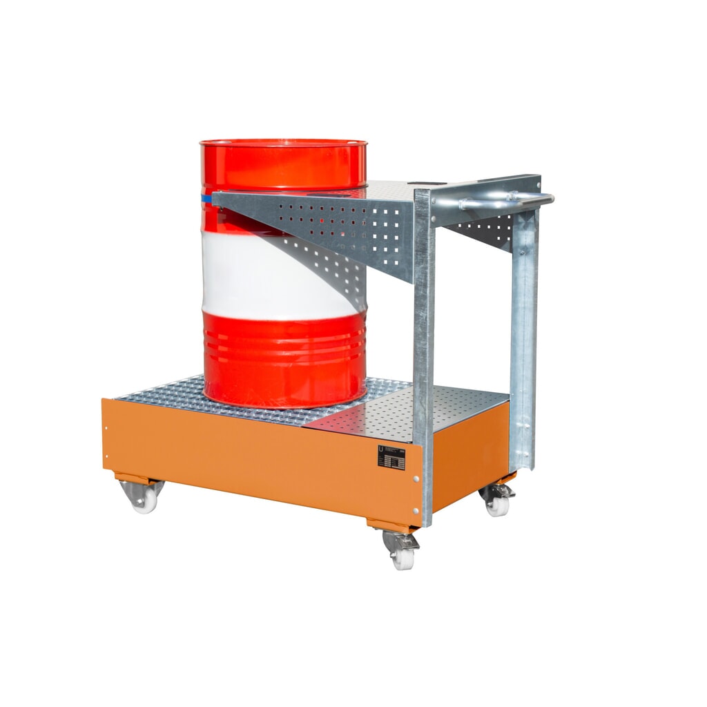 N° de l'image du produit 2 : Bac de rétention mobile Bauer® en acier LPW, avec console pour panneau perforé et sangle de fixation, jaune-orange