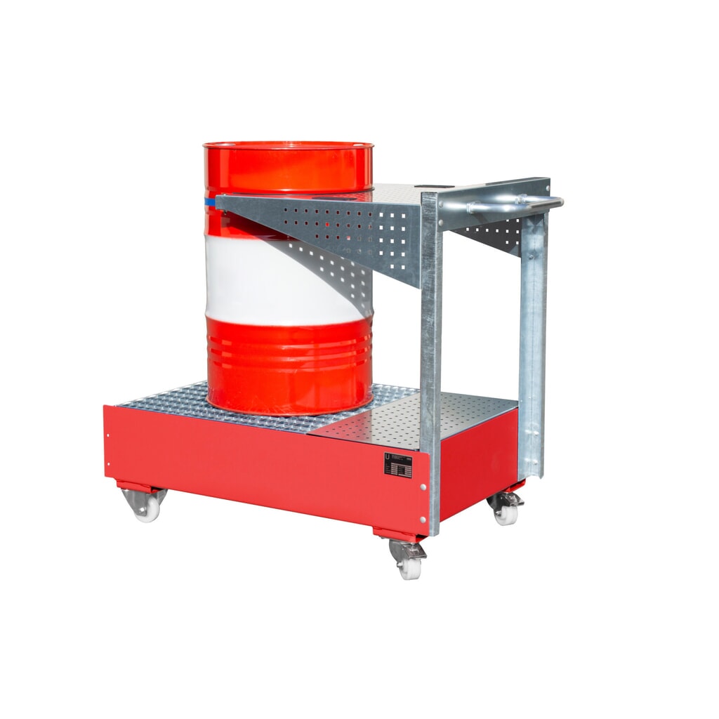 N° de l'image du produit 2 : Bac de rétention mobile Bauer® en acier LPW, avec console pour panneau perforé et sangle de fixation, rouge feu