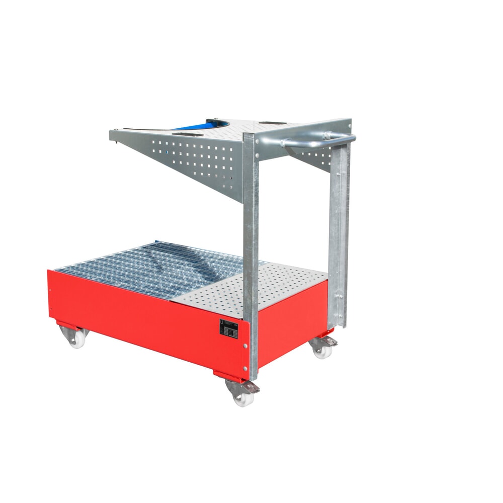 N° de l'image du produit 1 : Bac de rétention mobile Bauer® en acier LPW, avec console pour panneau perforé et sangle de fixation, rouge feu