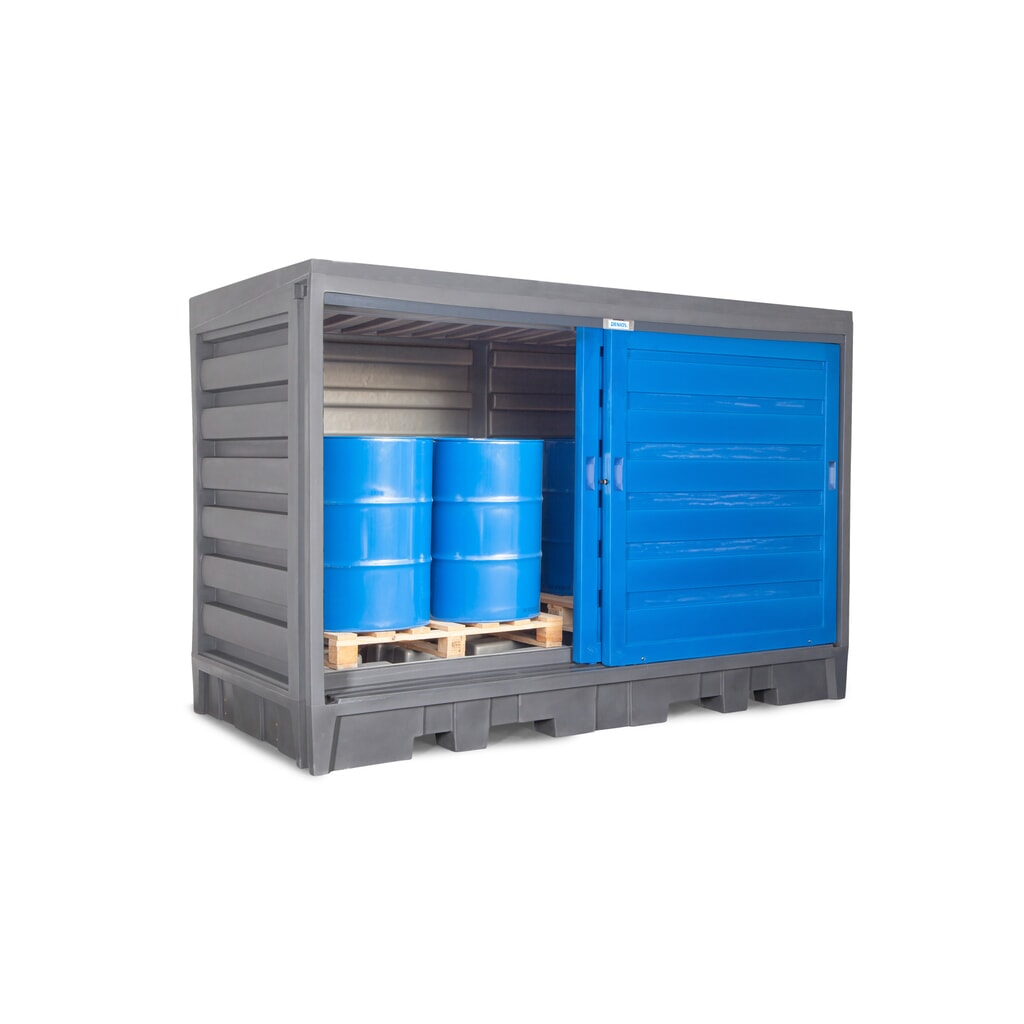 Dépôt à fûts en PE, HxlxP 2 170 x 3 200 x 1 740 mm, 2x IBC ou 8x 200 l N° de l'image du produit 2 : Dépôt à fûts en PE, HxlxP 2 170 x 3 200 x 1 740 mm, 2x IBC ou 8x 200 l