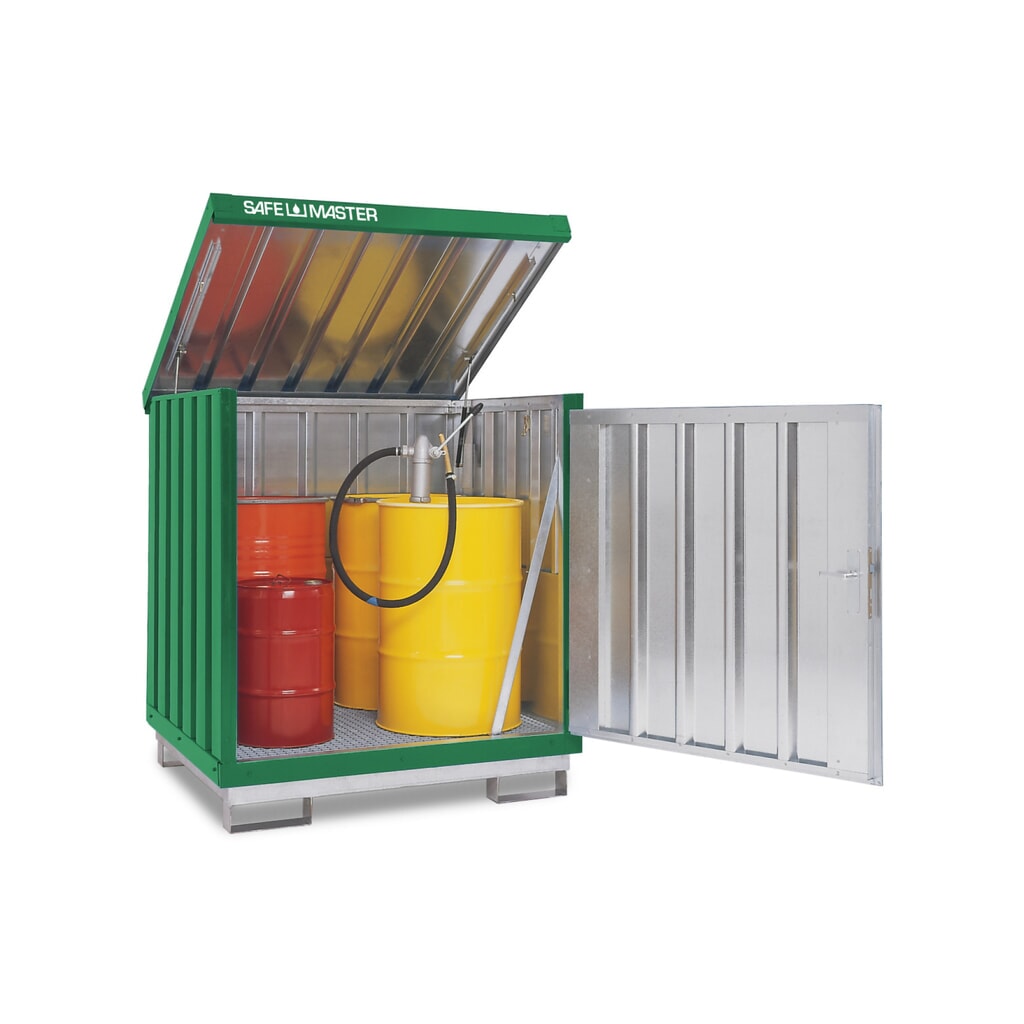 Dépôt de Matériau dangereuses, galvanisé et peint, 4x 200 litres, HxLxP 1,610 x 1,420 x 1,490 mm, vert herbe Illustration du produit: Dépôt de Matériau dangereuses, galvanisé et peint, 4x 200 litres, HxLxP 1,610 x 1,420 x 1,490 mm, vert herbe