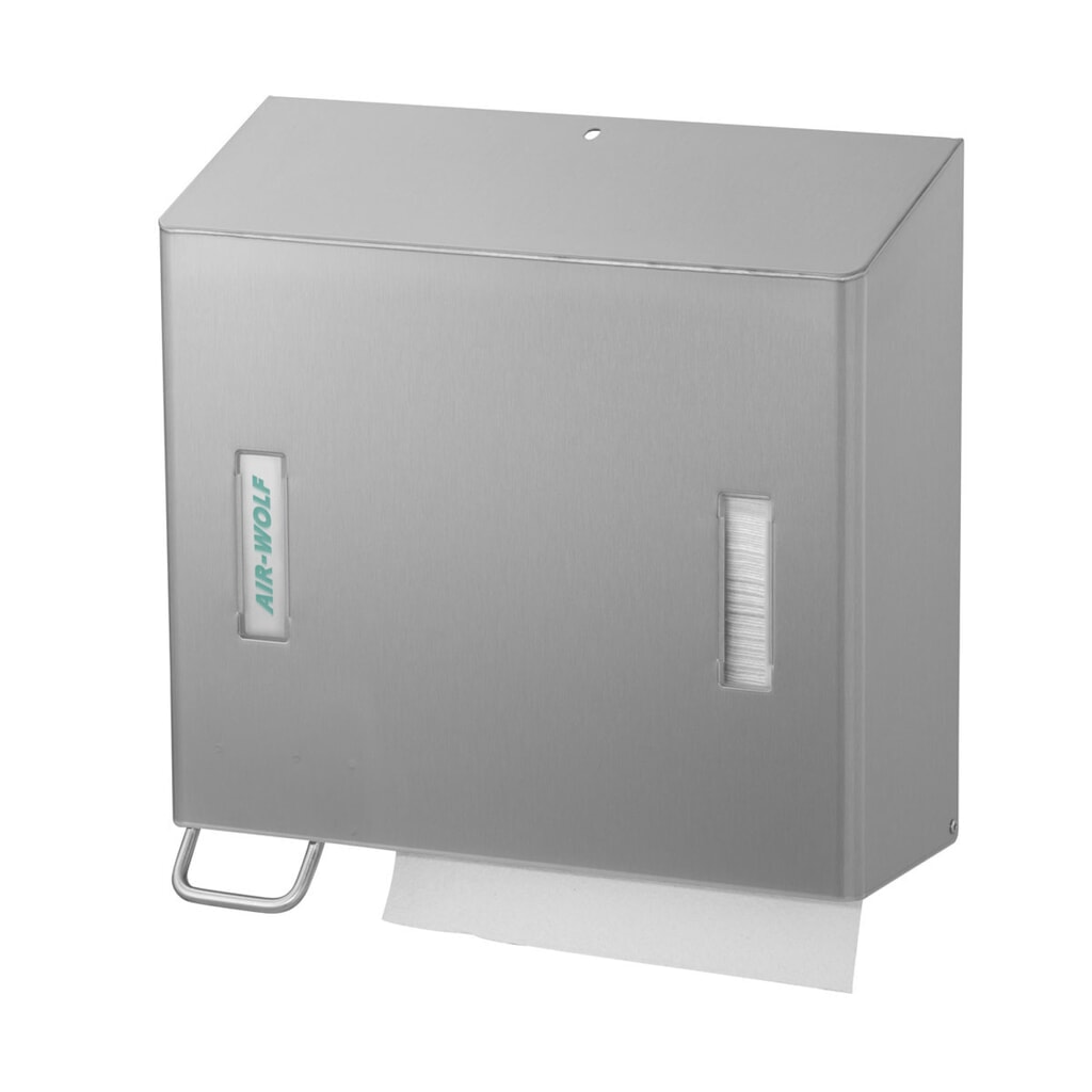 Distributeur combiné d’essuie-mains en papier et de savon Air-Wolf gauche en acier inoxydable brossé Illustration du produit: Distributeur combiné d’essuie-mains en papier et de savon Air-Wolf gauche en acier inoxydable brossé