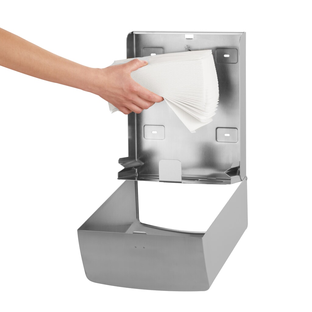 Distributeur d’essuie-mains en papier Air-Wolf pour jusqu’à 600 essuie-mains pliés en acier inoxydable brossé N° de l'image du produit 7 : Distributeur d’essuie-mains en papier Air-Wolf pour jusqu’à 600 essuie-mains pliés en acier inoxydable brossé